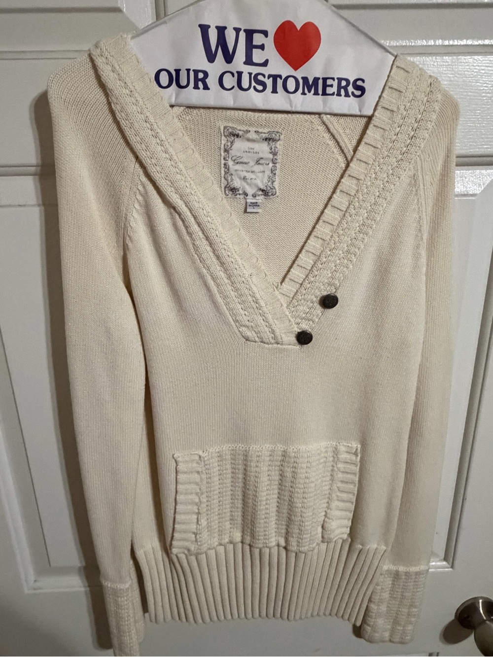 Guess Cream V-Neck Knit Sweater with Button Detail
